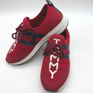 Tommy Hilfiger women 7 Red Sneakers Shoes Lace Up Logo- blemishes